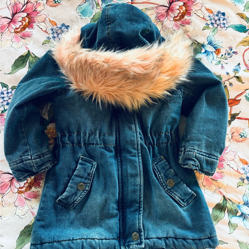 Little Girls (kids) Blue Denim Jacket with pink Faux Fur Hood